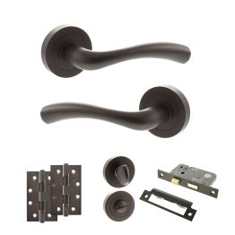 STATUS Texas Door Handle Pack (Bathroom Set - 3" CE Bathroom Lock, 4" Slim Knuckle Hinges x2) - Urban Dark Bronze