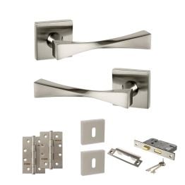 Senza Pari Guido Door Handle Pack (3 Lever Lock Set - 3" CE Sashlock, 4" Slim Knuckle Hinges x2) - Satin Nickel