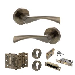 STATUS Colorado Door Handle Pack (Euro Lock Set - 3" CE Sashlock, 3" Fire Rated Hinges x3) - Antique Brass