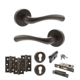 STATUS Texas Door Handle Pack (Euro Lock Set - 3" CE Sashlock, 3" Fire Rated Hinges x3) - Urban Dark Bronze
