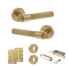 Senza Pari Andretta Door Handle Pack (3 Lever Lock Set - 3" CE Sashlock, 4" Slim Knuckle Hinges x2) - Satin Brass
