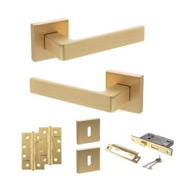 STATUS Montana Door Handle Pack (3 Lever Lock Set - 3" CE Sashlock, 4" Slim Knuckle Hinges x2) - Satin Brass
