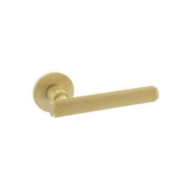 Millhouse Brass Stephenson Knurled Lever Door Handle on 5mm Slimline Round Rose - Satin Brass