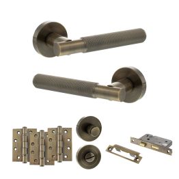 Senza Pari Rosarno Door Handle Pack (Bathroom Set - 2.5" CE Bathroom Lock, 4" Fire Rated Hinges x3) - Antique Brass