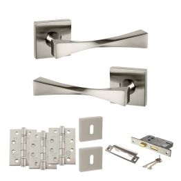 Senza Pari Guido Door Handle Pack (3 Lever Lock Set - 3" CE Sashlock, 4" Fire Rated Hinges x3) - Satin Nickel