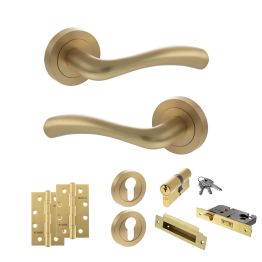 STATUS Texas Door Handle Pack (Euro Lock Set - 3" CE Sashlock, 4" Slim Knuckle Hinges x2) - Satin Brass
