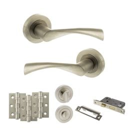 STATUS Colorado Door Handle Pack (Bathroom Set - 3" CE Bathroom Lock, 3" Fire Rated Hinges x3) - Satin Nickel