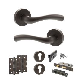 STATUS Texas Door Handle Pack (Euro Lock Set - 3" CE Sashlock, 4" Slim Knuckle Hinges x2) - Urban Dark Bronze