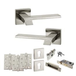 Senza Pari Giovanni Door Handle Pack (Euro Lock Set - 3" CE Sashlock, 4" Fire Rated Hinges x3) - Satin Nickel