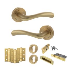 STATUS Texas Door Handle Pack (Euro Lock Set - 3" CE Sashlock, 3" Fire Rated Hinges x3) - Satin Brass