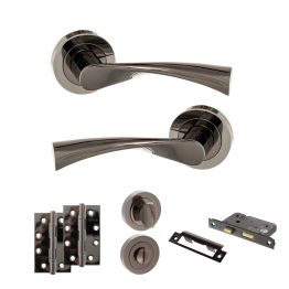 STATUS Colorado Door Handle Pack (Bathroom Set - 2.5" CE Bathroom Lock, 4" Slim Knuckle Hinges x2) - Black Nickel