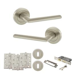 STATUS Alabama Door Handle Pack (3 Lever Lock Set - 2.5" CE Sashlock, 4" Fire Rated Hinges x3) - Satin Nickel