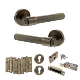 Senza Pari Fasana Door Handle Pack (Euro Lock Set - 2.5" CE Sashlock, 4" Fire Rated Hinges x3) - Antique Brass