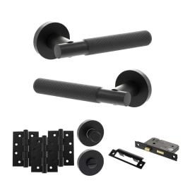Senza Pari Rosarno Door Handle Pack (Bathroom Set - 2.5" CE Bathroom Lock, 4" Fire Rated Hinges x3) - Matt Black