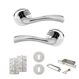 STATUS Texas Door Handle Pack (3 Lever Lock Set - 2.5" CE Sashlock, 4" Slim Knuckle Hinges x2) - Polished Chrome