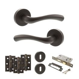 STATUS Texas Door Handle Pack (3 Lever Lock Set - 2.5" CE Sashlock, 3" Fire Rated Hinges x3) - Urban Dark Bronze