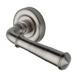 Heritage Brass Door Handle Lever on Rose Reeded Colonial Design Satin Nickel Finish