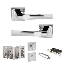 STATUS Kansas Door Handle Pack (Bathroom Set - 2.5" CE Bathroom Lock, 4" Fire Rated Hinges x3) - Polished Chrome