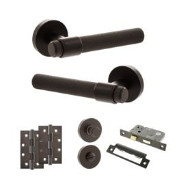 Senza Pari Andretta Door Handle Pack (Bathroom Set - 3" CE Bathroom Lock, 4" Slim Knuckle Hinges x2) - Urban Dark Bronze