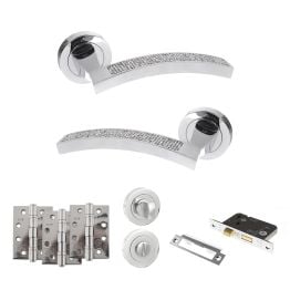 Senza Pari Crystal Door Handle Pack (Bathroom Set - 2.5" CE Bathroom Lock, 4" Fire Rated Hinges x3) - Polished Chrome