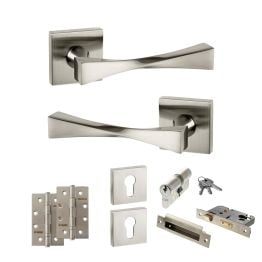Senza Pari Guido Door Handle Pack (Euro Lock Set - 3" CE Sashlock, 4" Slim Knuckle Hinges x2) - Satin Nickel