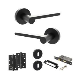Senza Pari Darrio Door Handle Pack (3 Lever Lock Set - 2.5" CE Sashlock, 4" Slim Knuckle Hinges x2) - Matt Black
