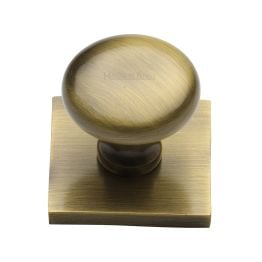 Heritage Brass Cabinet Knob Victorian Round Design with Square Backplate 32mm Antique Brass finish