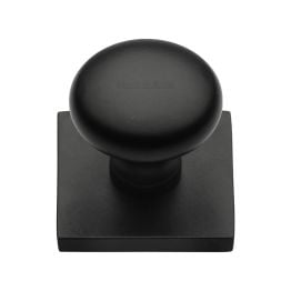 Heritage Brass Cabinet Knob Victorian Round Design with Square Backplate 32mm Matt Black finish