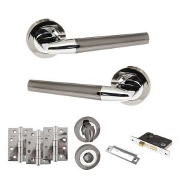 STATUS Tennessee Door Handle Pack (Bathroom Set - 2.5" CE Bathroom Lock, 4" Fire Rated Hinges x3) - Black Nickel/Polished Chrome