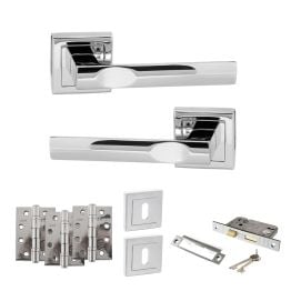STATUS Kansas Door Handle Pack (3 Lever Lock Set - 3" CE Sashlock, 4" Fire Rated Hinges x3) - Polished Chrome