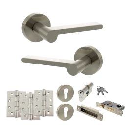 Senza Pari Darrio Door Handle Pack (Euro Lock Set - 3" CE Sashlock, 4" Fire Rated Hinges x3) - Satin Nickel