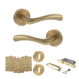 STATUS Texas Door Handle Pack (3 Lever Lock Set - 2.5" CE Sashlock, 4" Fire Rated Hinges x3) - Satin Brass