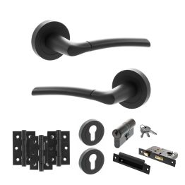 STATUS Indiana Door Handle Pack (Euro Lock Set - 2.5" CE Sashlock, 3" Fire Rated Hinges x3) - Matt Black