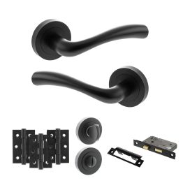 STATUS Texas Door Handle Pack (Bathroom Set - 2.5" CE Bathroom Lock, 3" Fire Rated Hinges x3) - Matt Black