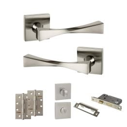 Senza Pari Guido Door Handle Pack (Bathroom Set - 2.5" CE Bathroom Lock, 4" Slim Knuckle Hinges x2) - Satin Nickel
