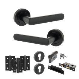 STATUS Carolina Door Handle Pack (Euro Lock Set - 2.5" CE Sashlock, 3" Fire Rated Hinges x3) - Matt Black