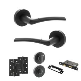 STATUS Indiana Door Handle Pack (Bathroom Set - 3" CE Bathroom Lock, 4" Slim Knuckle Hinges x2) - Matt Black