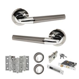 STATUS Tennessee Door Handle Pack (Euro Lock Set - 2.5" CE Sashlock, 3" Fire Rated Hinges x3) - Black Nickel/Polished Chrome