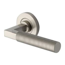 Heritage Brass Door Handle Lever on Rose Signac (Knurled Bauhaus) Design Satin Nickel Finish