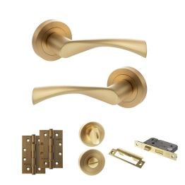 STATUS Colorado Door Handle Pack (Bathroom Set - 3" CE Bathroom Lock, 4" Slim Knuckle Hinges x2) - Satin Brass