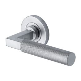 Heritage Brass Door Handle Lever on Rose Signac (Knurled Bauhaus) Design Satin Chrome Finish