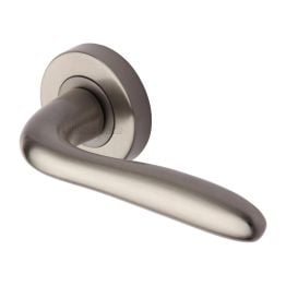 Heritage Brass Door Handle Lever Latch on Round Rose Columbus Design Satin Nickel finish
