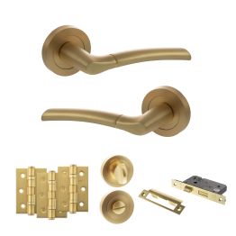 STATUS Indiana Door Handle Pack (Bathroom Set - 2.5" CE Bathroom Lock, 3" Fire Rated Hinges x3) - Satin Brass