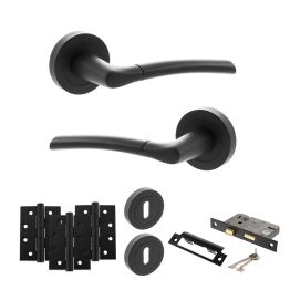STATUS Indiana Door Handle Pack (3 Lever Lock Set - 3" CE Sashlock, 4" Fire Rated Hinges x3) - Matt Black