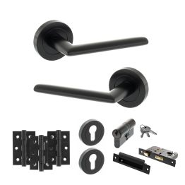 STATUS Alabama Door Handle Pack (Euro Lock Set - 2.5" CE Sashlock, 3" Fire Rated Hinges x3) - Matt Black