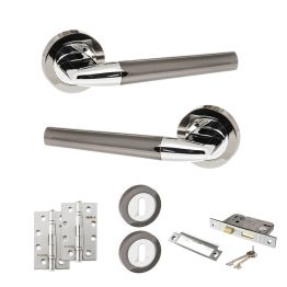 STATUS Tennessee Door Handle Pack (3 Lever Lock Set - 3" CE Sashlock, 4" Slim Knuckle Hinges x2) - Black Nickel/Polished Chrome