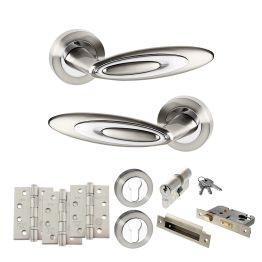 Senza Pari Elisse Door Handle Pack (Euro Lock Set - 3" CE Sashlock, 4" Fire Rated Hinges x3) - Satin Nickel/Chrome Plate