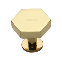 Heritage Brass Cabinet Knob Hexagon Design with Rose 38mm Polished Brass finish