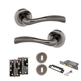 STATUS Texas Door Handle Pack (3 Lever Lock Set - 2.5" CE Sashlock, 4" Slim Knuckle Hinges x2) - Black Nickel
