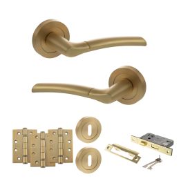 STATUS Indiana Door Handle Pack (3 Lever Lock Set - 3" CE Sashlock, 4" Fire Rated Hinges x3) - Satin Brass